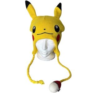 POKÉMON Yellow Pikachu Face Beanie Toque Ears Flaps